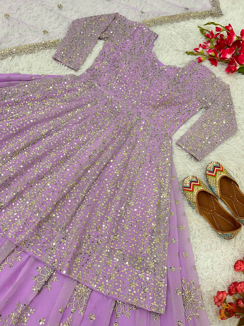 Faux Georgette Havy Work Top with Lehenga Lavender Color