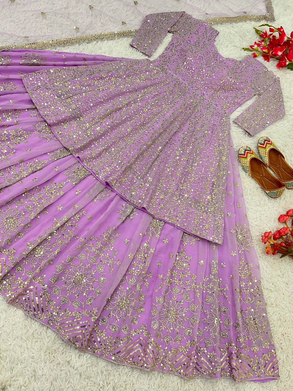 Faux Georgette Havy Work Top with Lehenga Lavender Color