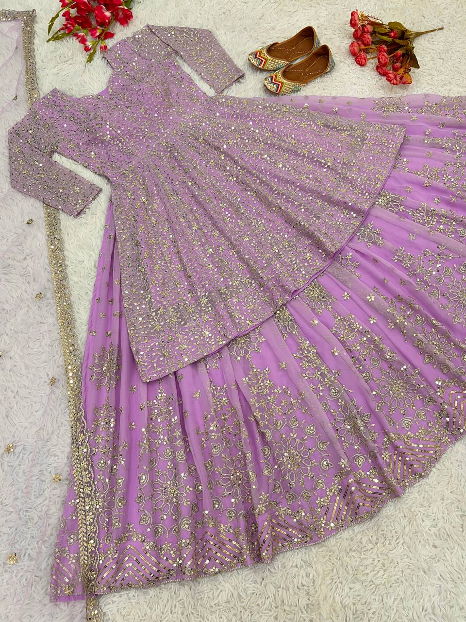 Faux Georgette Havy Work Top with Lehenga Lavender Color