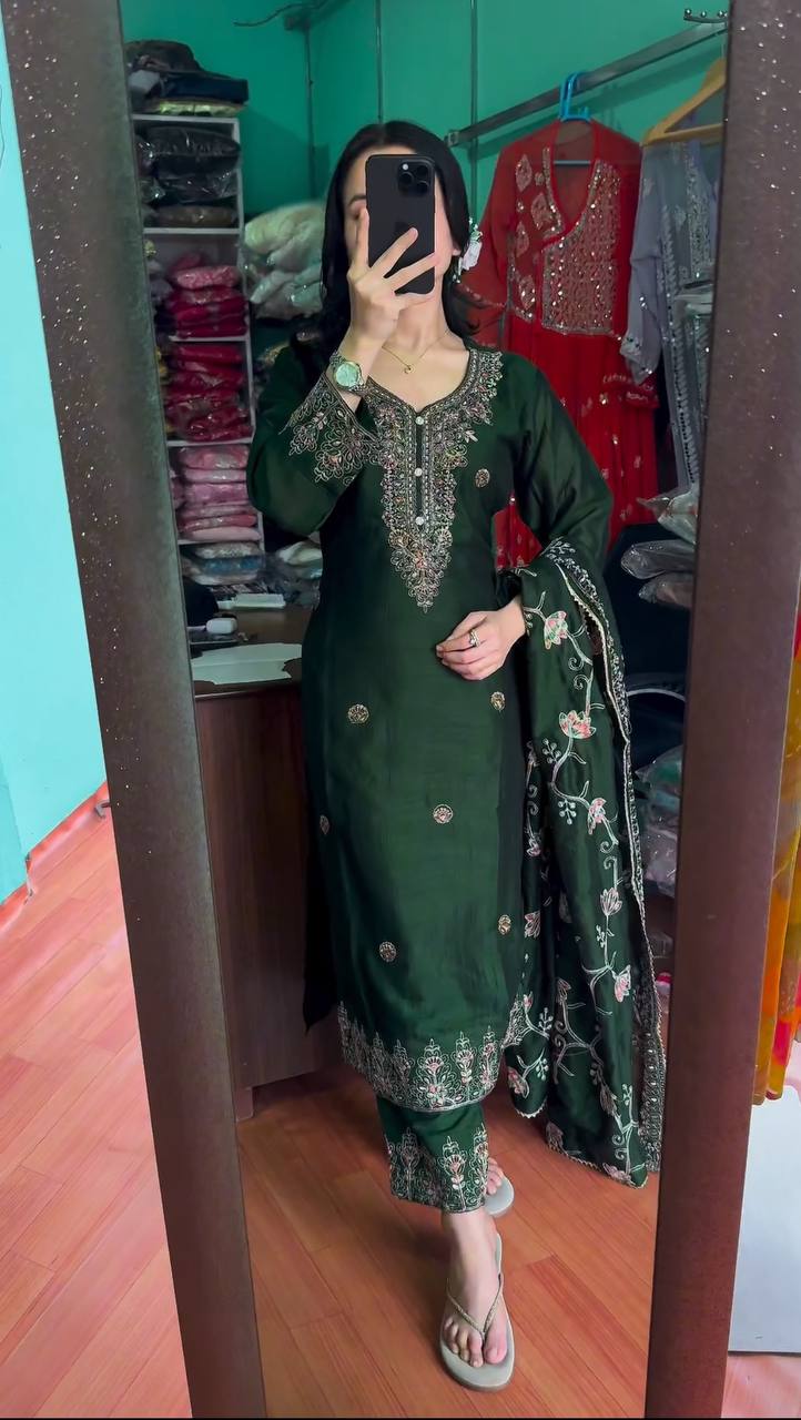 Elegant Heavy Chinon Silk Fabric with  Embroidery Sequence Work green Colors Sharara Suit