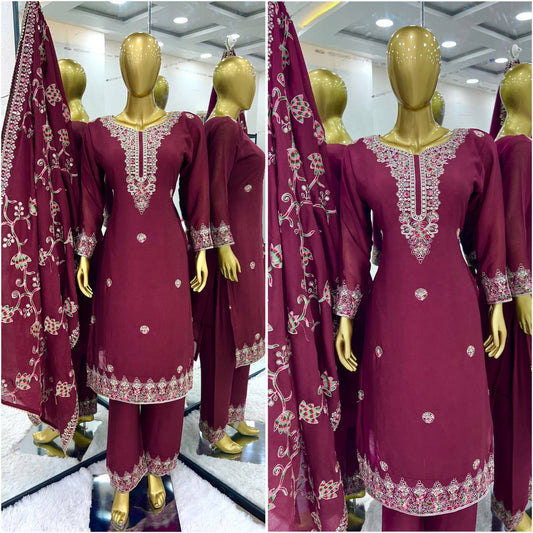 Elegant Heavy Chinon Silk Fabric with  Embroidery Sequence Work Maroon Colors Sharara Suit