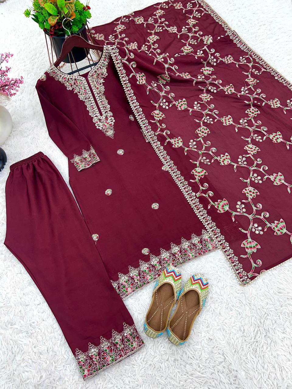 Elegant Heavy Chinon Silk Fabric with  Embroidery Sequence Work Maroon Colors Sharara Suit