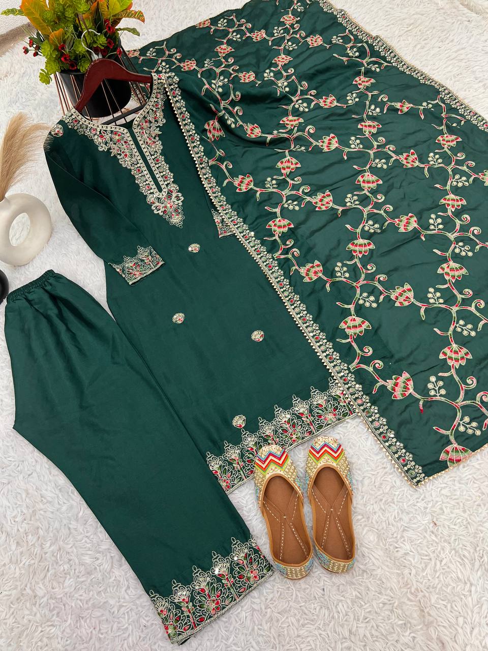 Elegant Heavy Chinon Silk Fabric with  Embroidery Sequence Work green Colors Sharara Suit