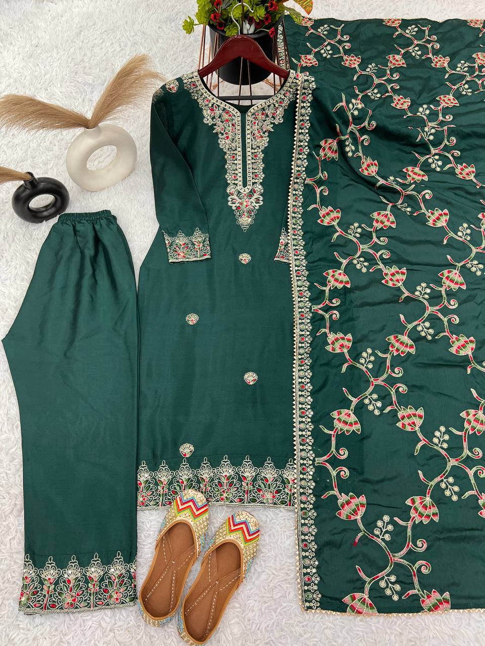 Elegant Heavy Chinon Silk Fabric with  Embroidery Sequence Work green Colors Sharara Suit