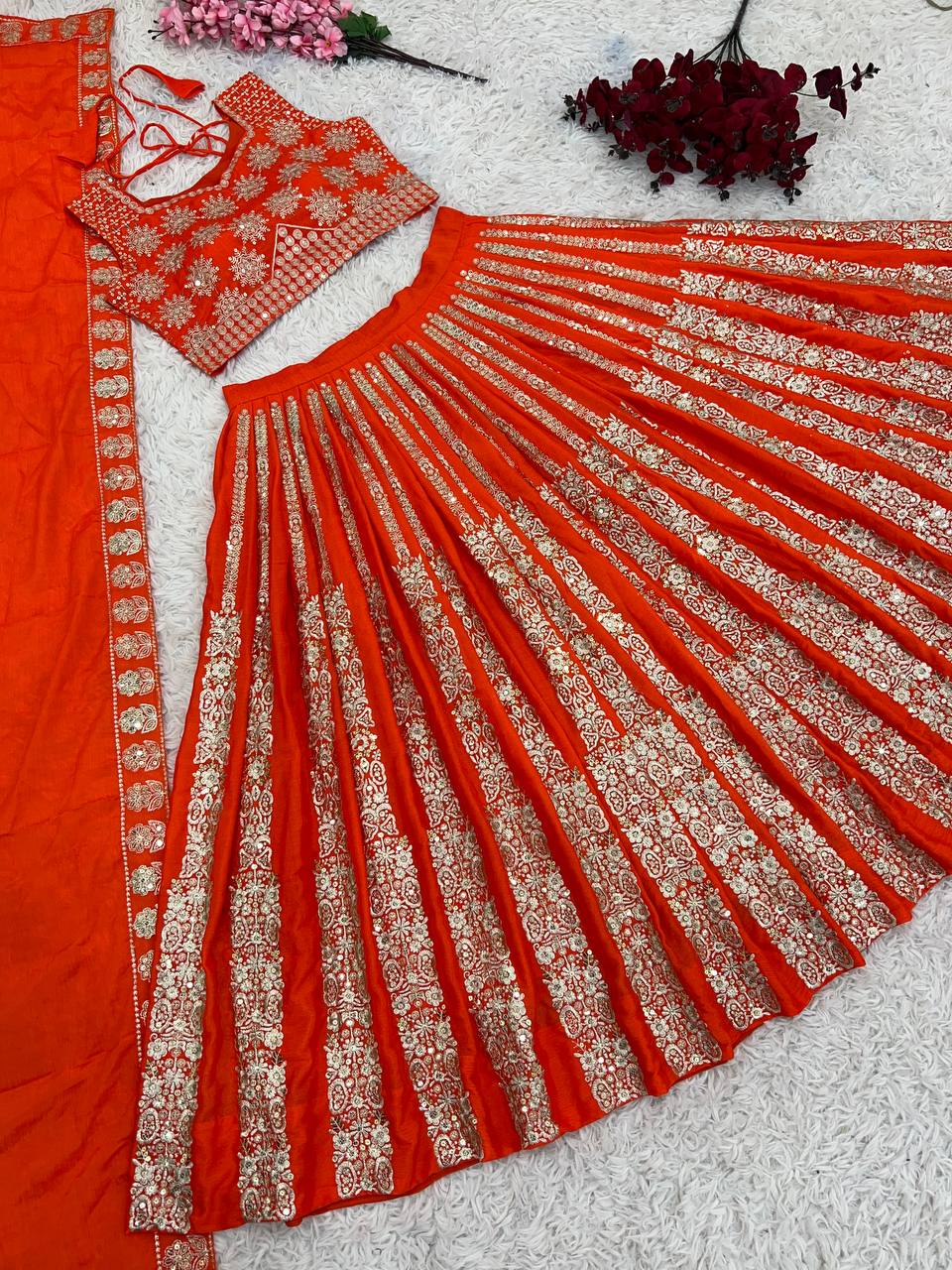 Designer Wedding Wear Orange color Lehenga Choli with Heavy Embroidery Sequence Work