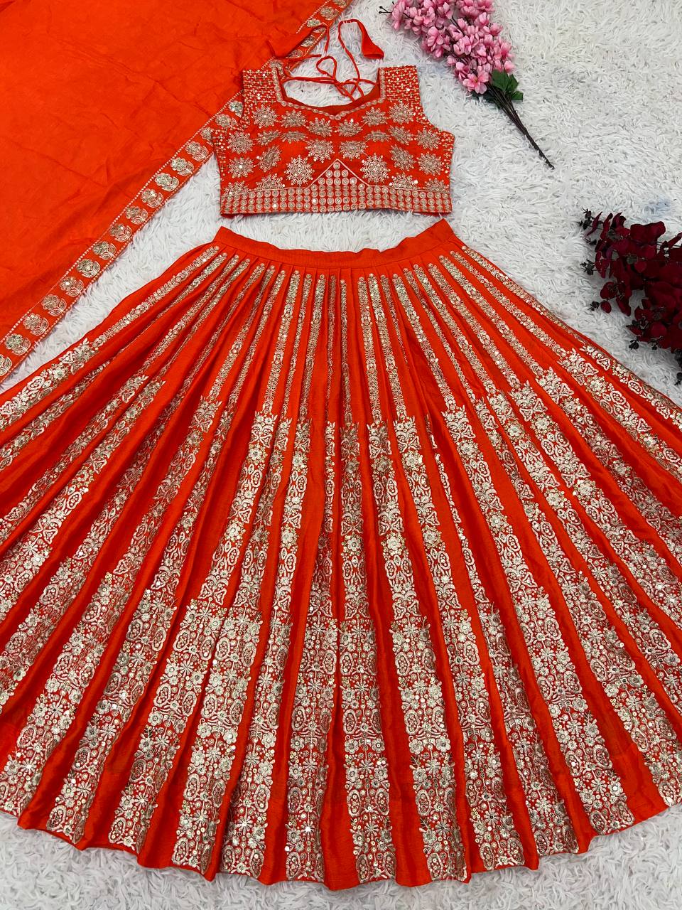 Designer Wedding Wear Orange color Lehenga Choli with Heavy Embroidery Sequence Work