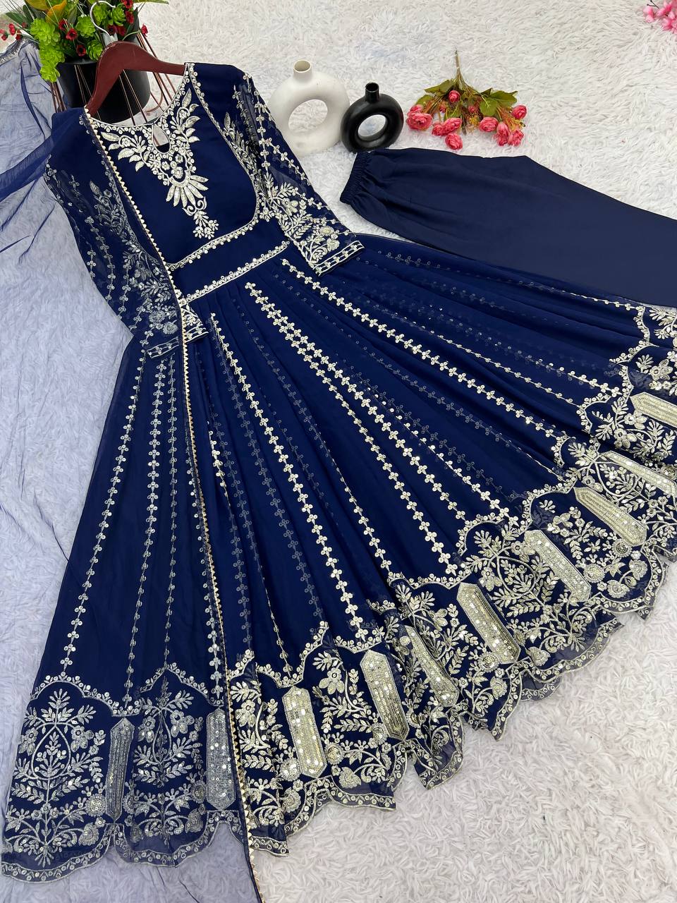 Admiring Faux Georgette Blue Color Anarkali Gown