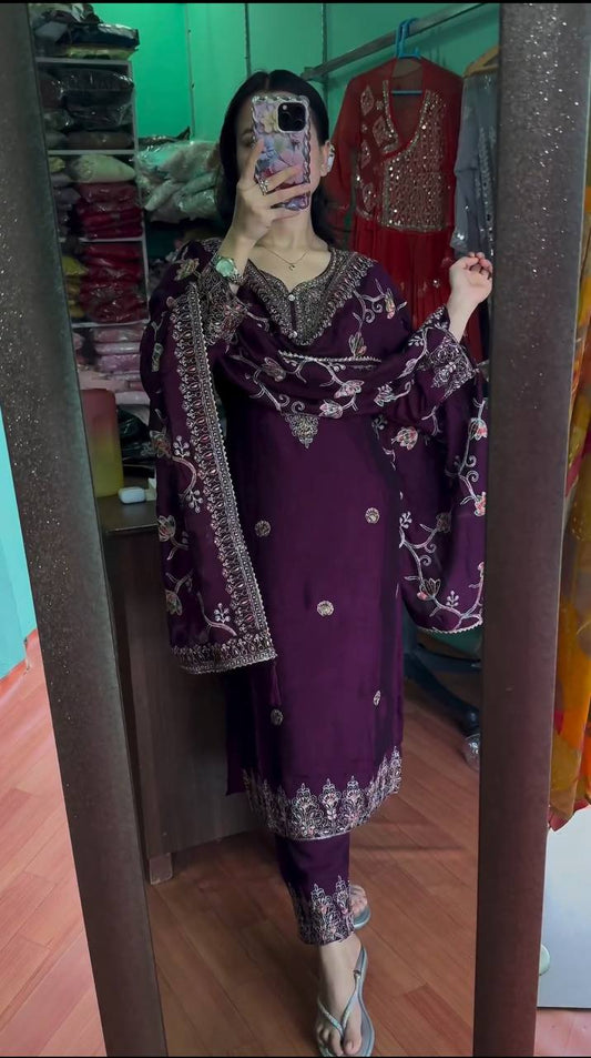 Elegant Heavy Chinon Silk Fabric with  Embroidery Sequence Work purple Colors Sharara Suit