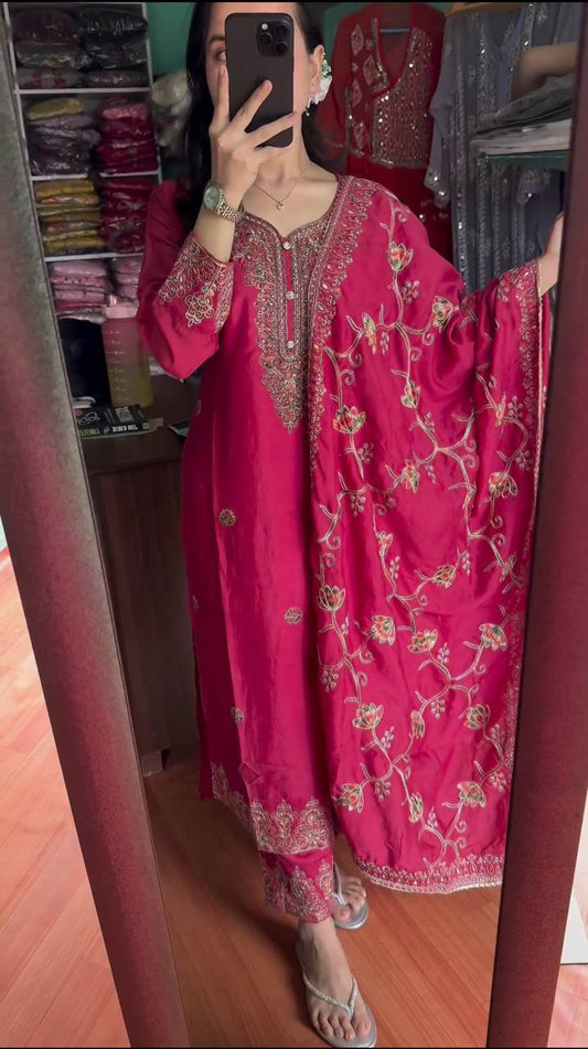 Elegant Heavy Chinon Silk Fabric with  Embroidery Sequence Work Pink Colors Sharara Suit