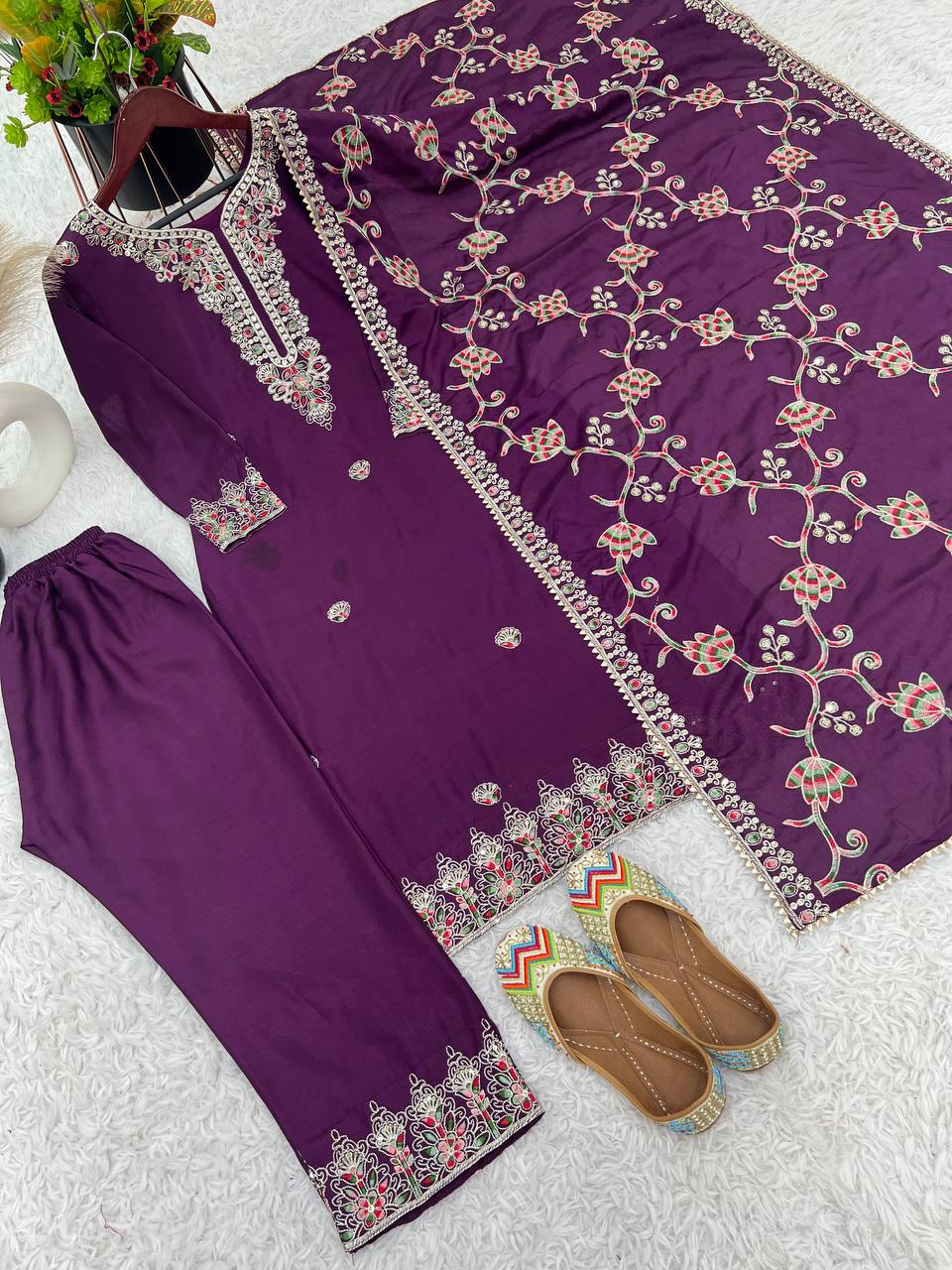 Elegant Heavy Chinon Silk Fabric with  Embroidery Sequence Work purple Colors Sharara Suit