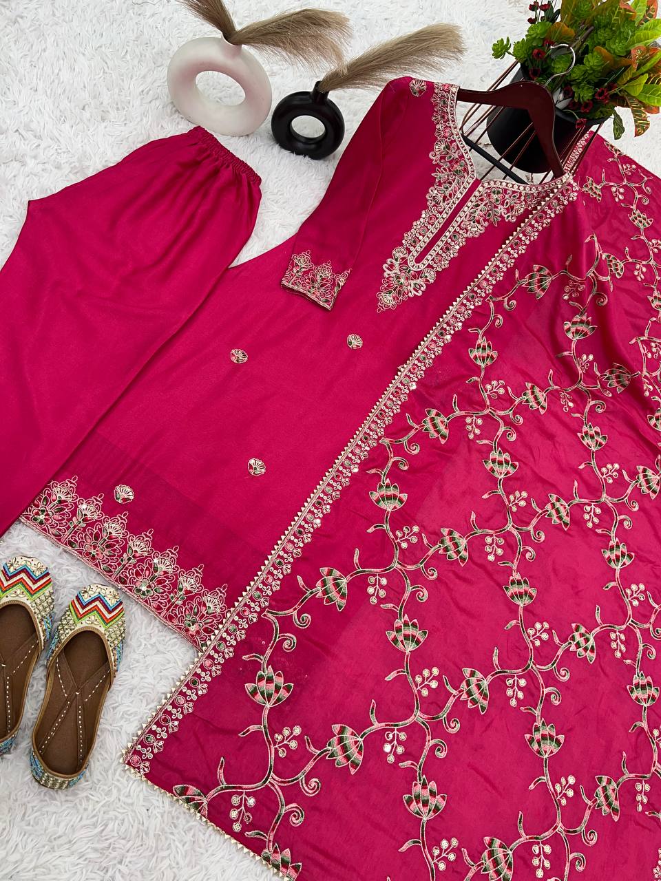 Elegant Heavy Chinon Silk Fabric with  Embroidery Sequence Work Pink Colors Sharara Suit