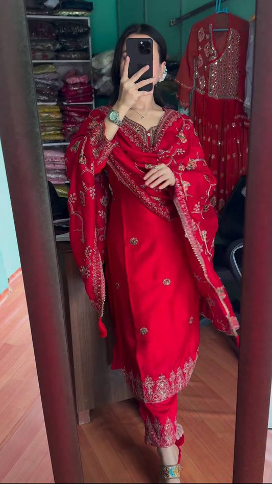 Elegant Heavy Chinon Silk Fabric with  Embroidery Sequence Work red Colors Sharara Suit