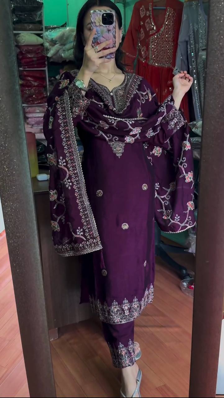 Elegant Heavy Chinon Silk Fabric with  Embroidery Sequence Work purple Colors Sharara Suit