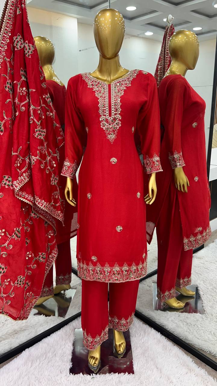 Elegant Heavy Chinon Silk Fabric with  Embroidery Sequence Work red Colors Sharara Suit