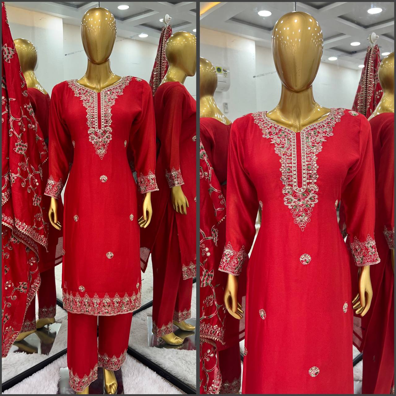 Elegant Heavy Chinon Silk Fabric with  Embroidery Sequence Work red Colors Sharara Suit