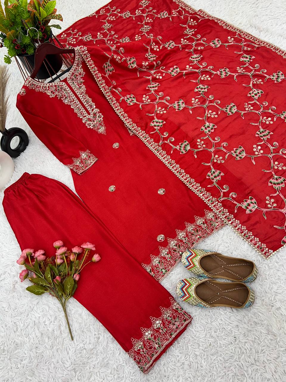 Elegant Heavy Chinon Silk Fabric with  Embroidery Sequence Work red Colors Sharara Suit