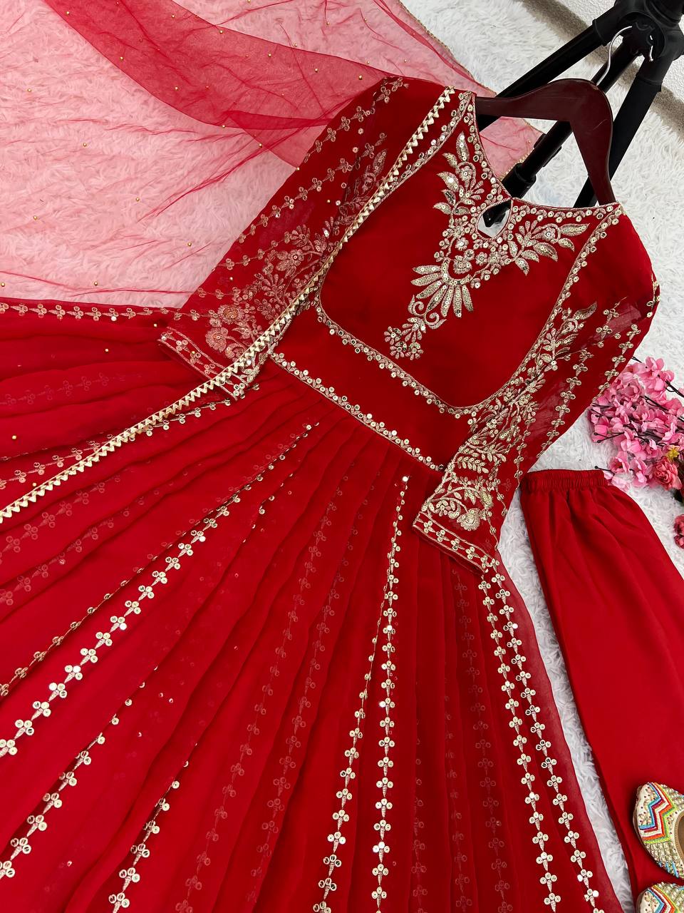 Admiring Faux Georgette Red Color Anarkali Gown