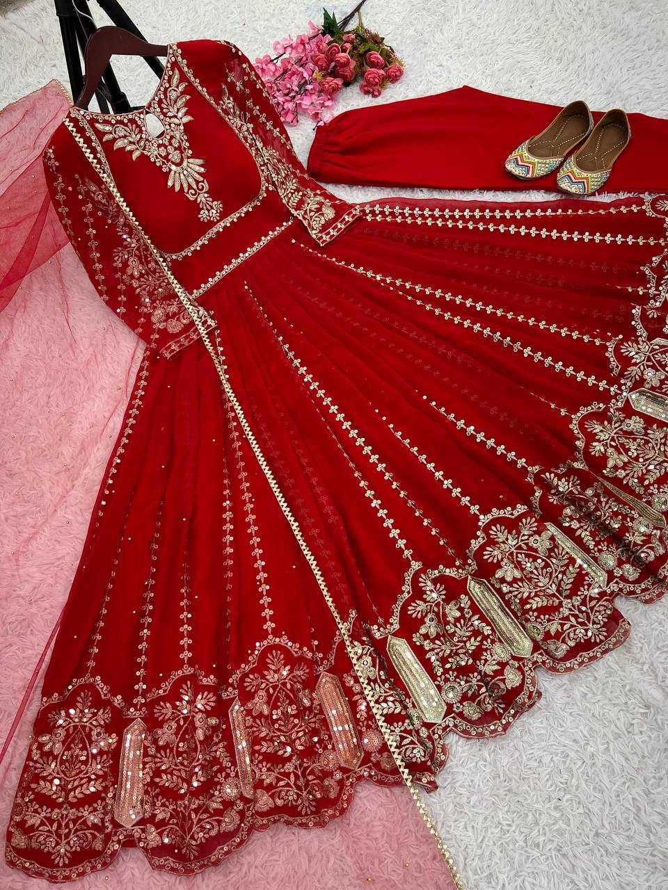 Admiring Faux Georgette Red Color Anarkali Gown