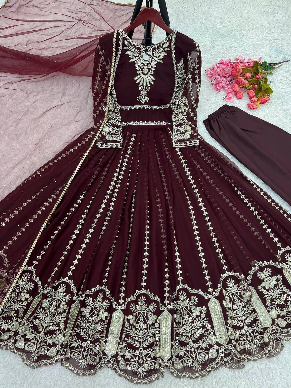 Admiring Faux Georgette Maroon Color Anarkali Gown