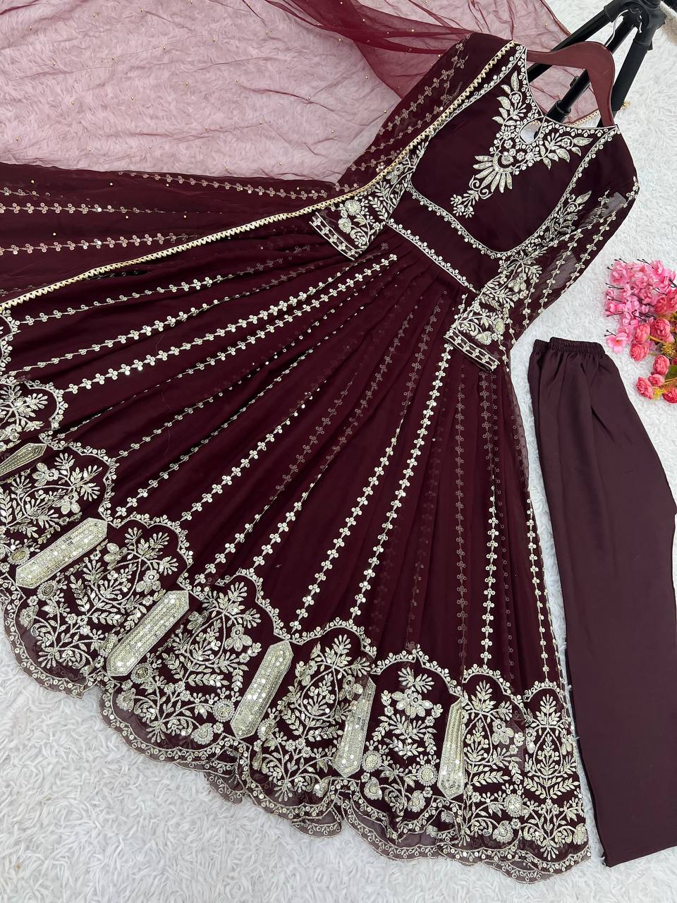 Admiring Faux Georgette Maroon Color Anarkali Gown