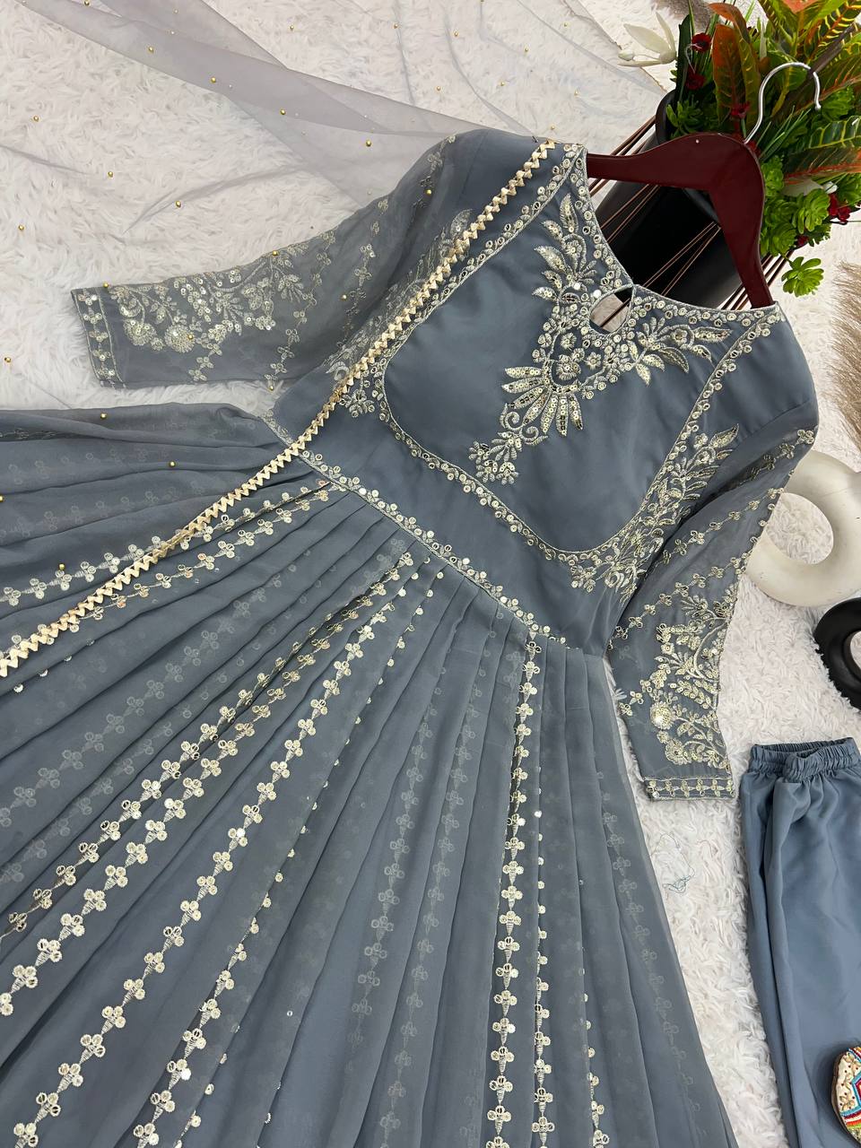 Admiring Faux Georgette Grey Color Anarkali Gown