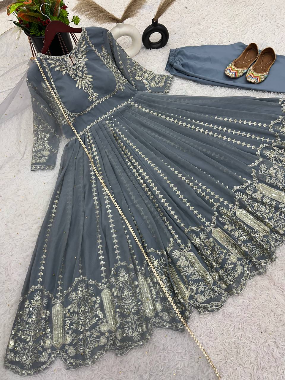 Admiring Faux Georgette Grey Color Anarkali Gown