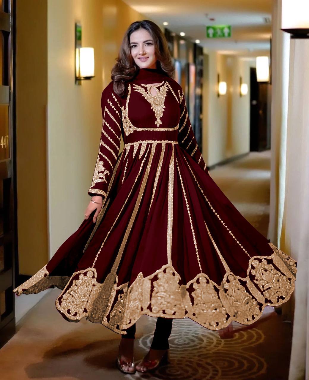 Admiring Faux Georgette Maroon Color Anarkali Gown