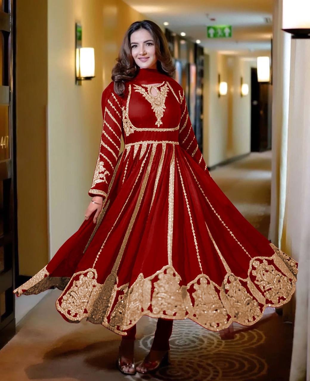 Admiring Faux Georgette Red Color Anarkali Gown