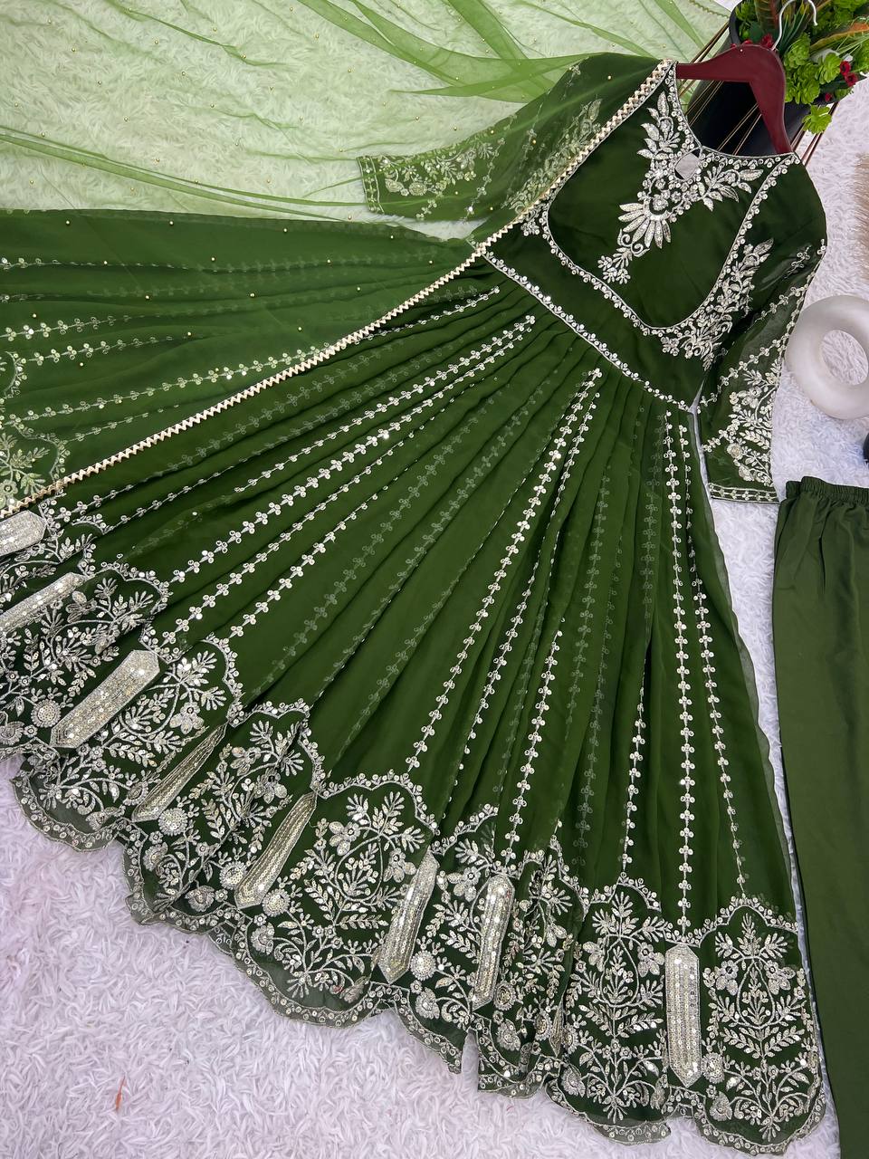 Admiring Faux Georgette Dark Green Color Anarkali Gown