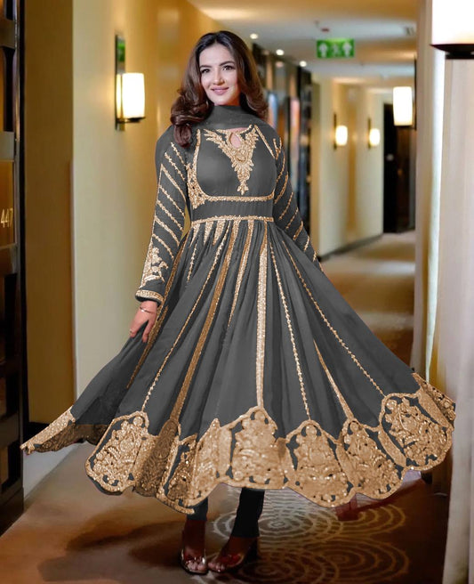 Admiring Faux Georgette Grey Color Anarkali Gown