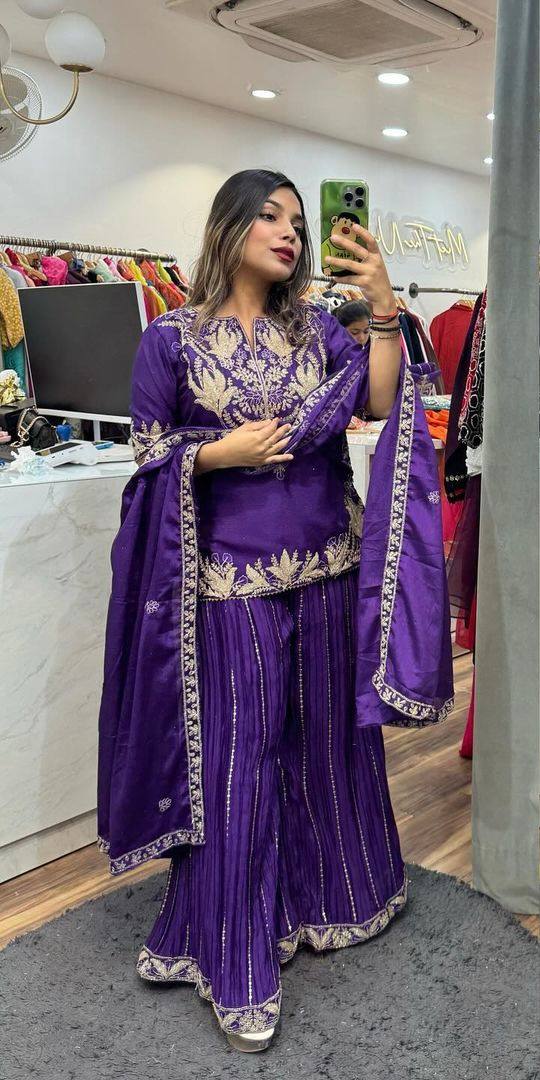 Designer Chinnon Silk Sequence Work Purple Color Sharara Suit