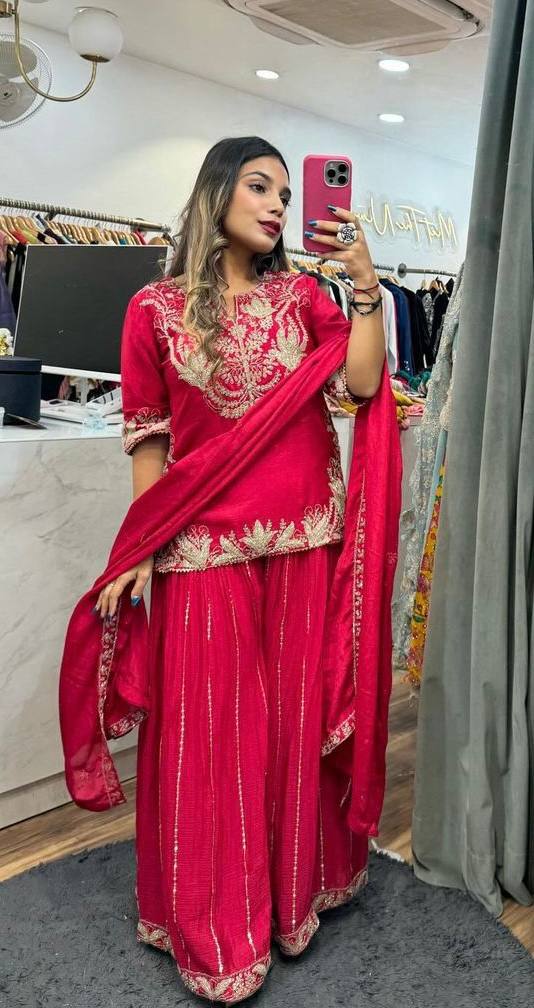 Designer Chinnon Silk Sequence Work Red Color Sharara Suit