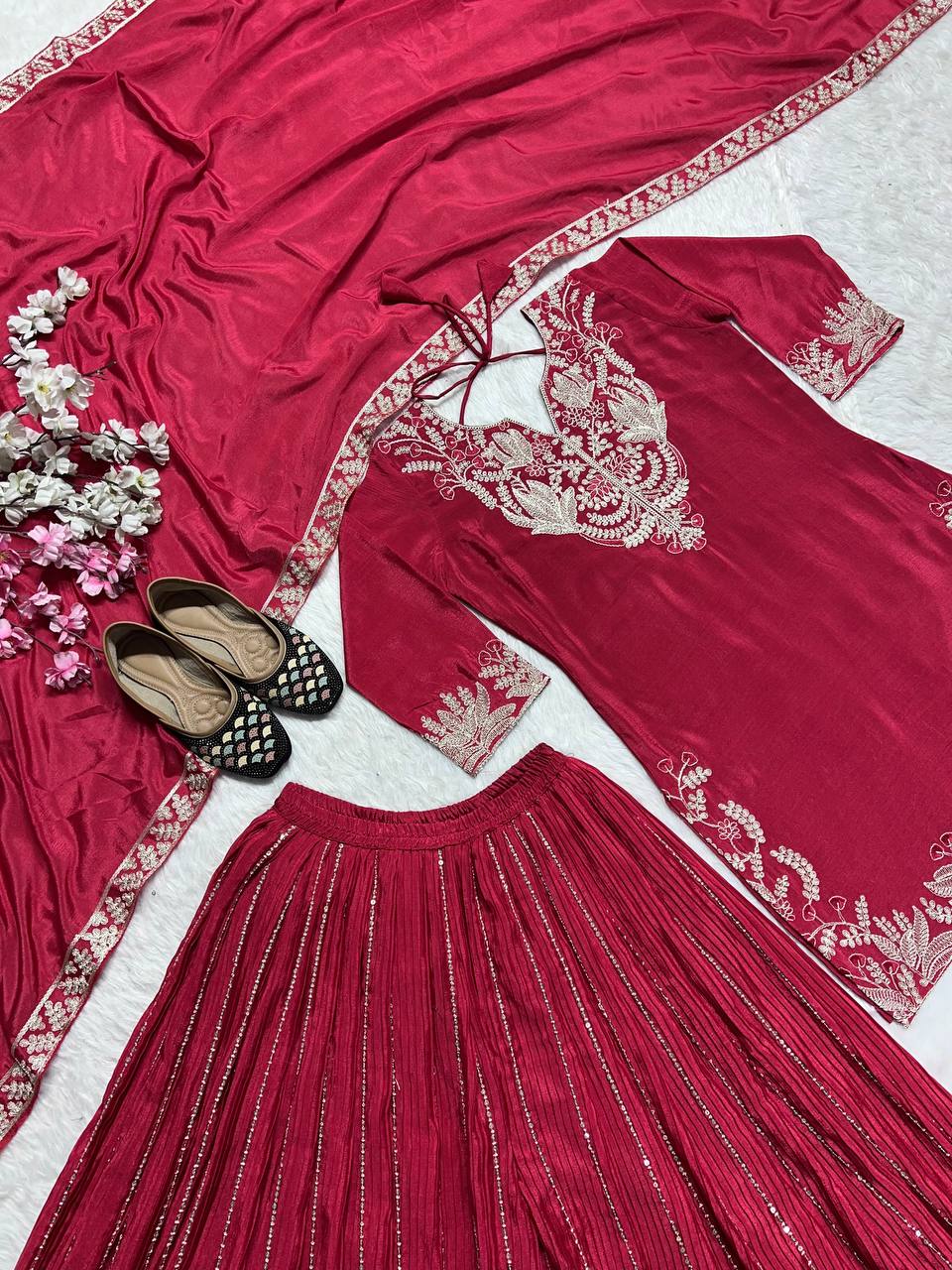 Designer Chinnon Silk Sequence Work Red Color Sharara Suit