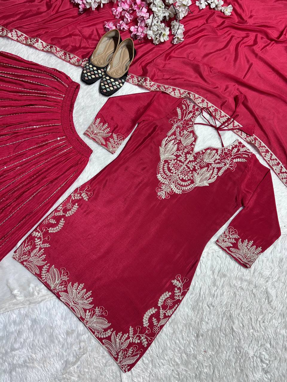 Designer Chinnon Silk Sequence Work Red Color Sharara Suit