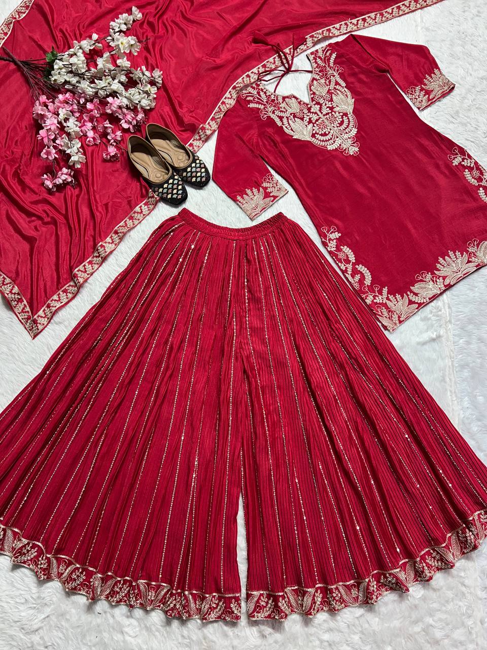 Designer Chinnon Silk Sequence Work Red Color Sharara Suit