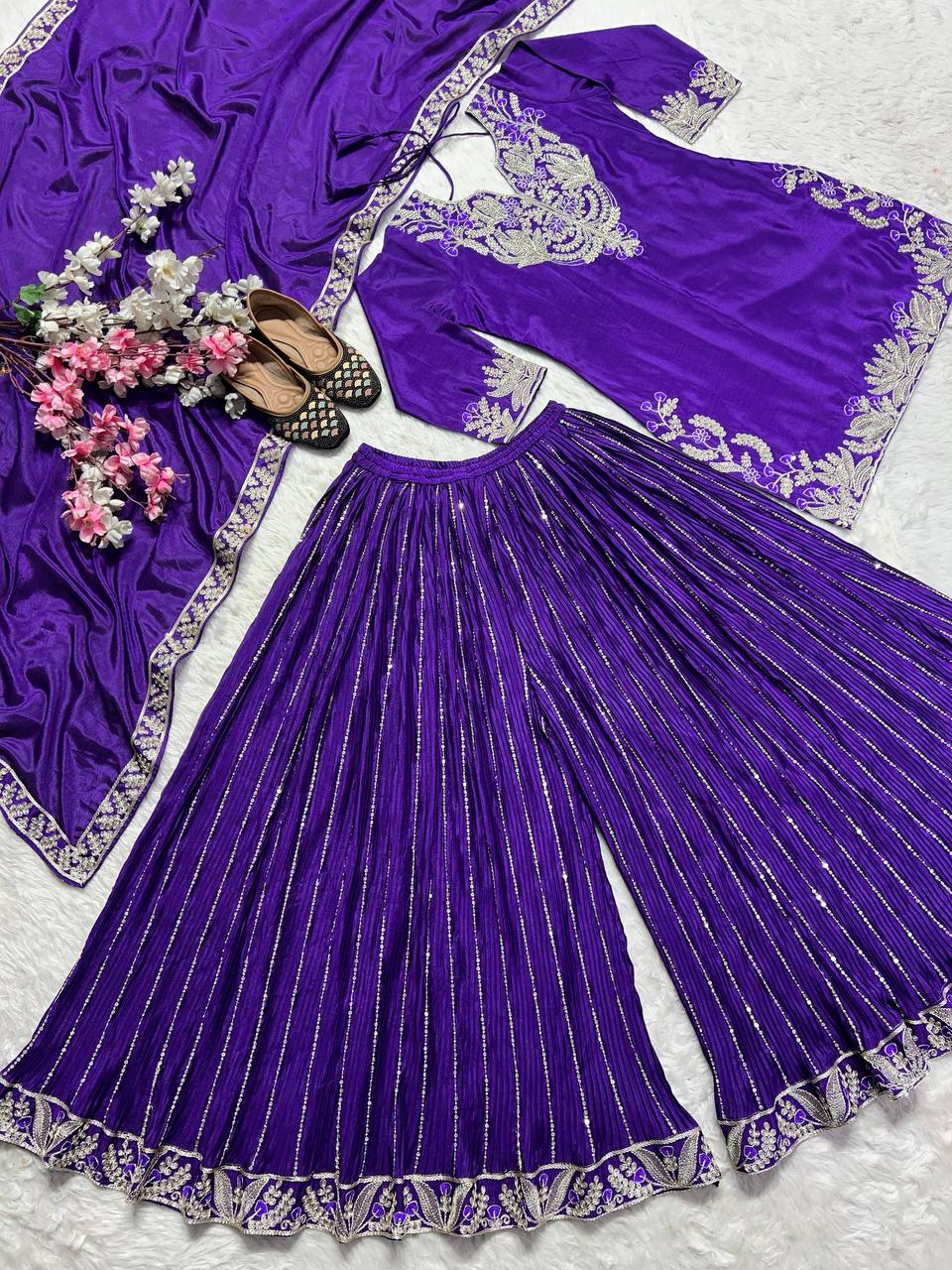 Designer Chinnon Silk Sequence Work Purple Color Sharara Suit