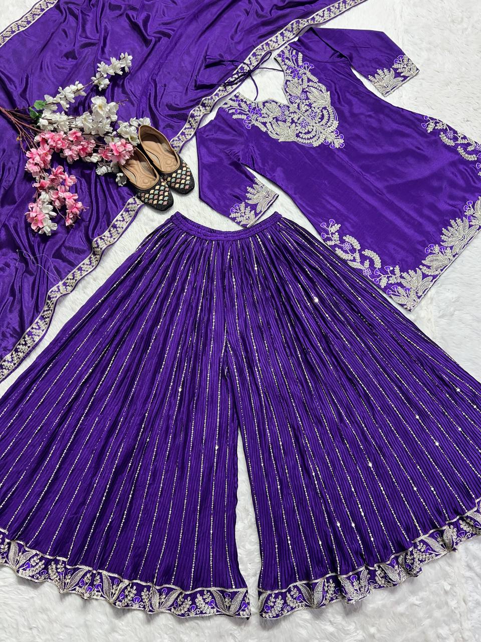 Designer Chinnon Silk Sequence Work Purple Color Sharara Suit