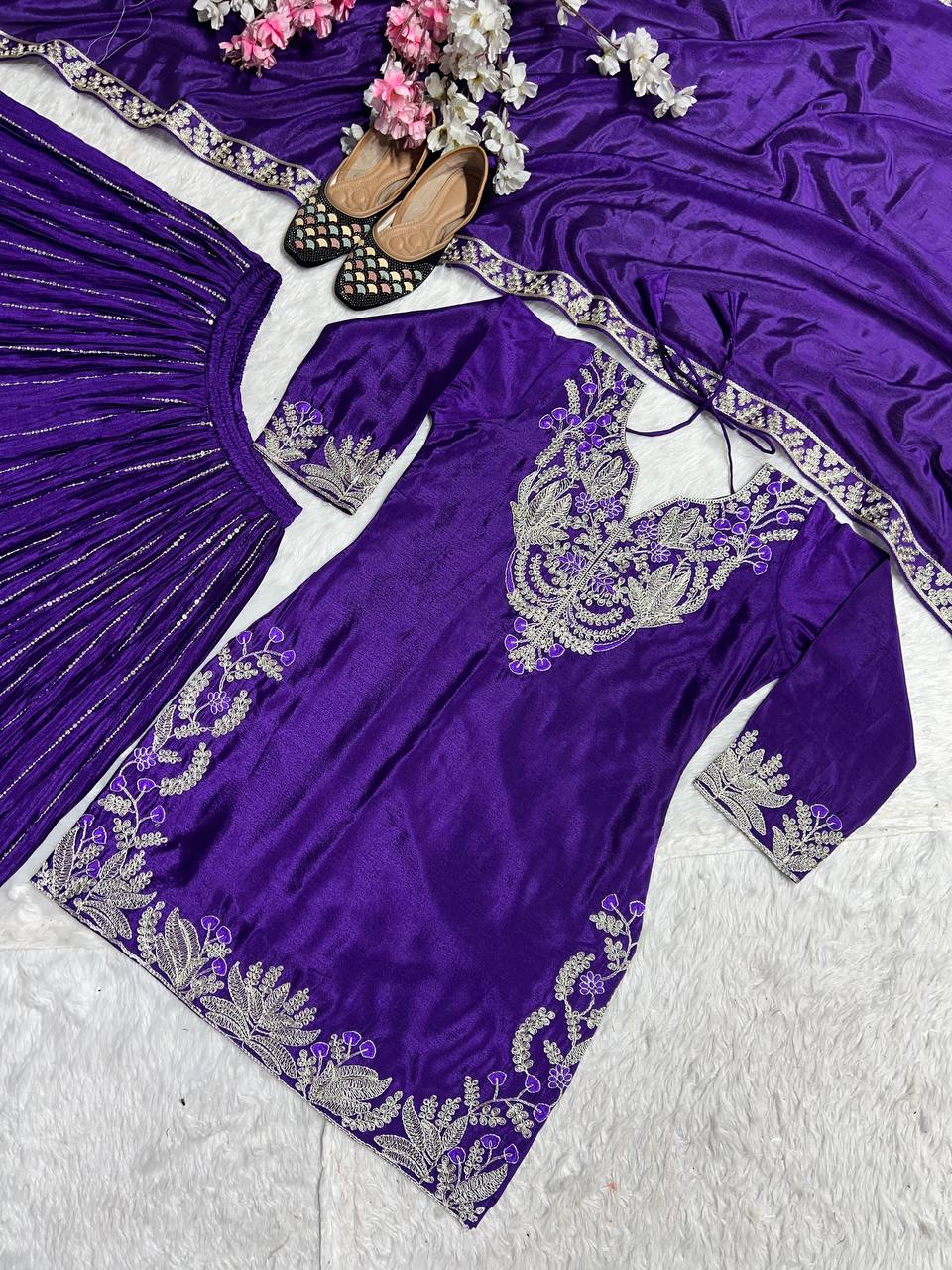 Designer Chinnon Silk Sequence Work Purple Color Sharara Suit